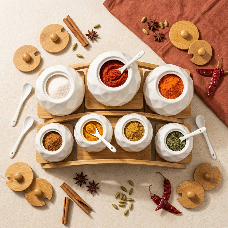 7-Piece Diamond-Textured Spice Jar Set with Wooden Arch Stand