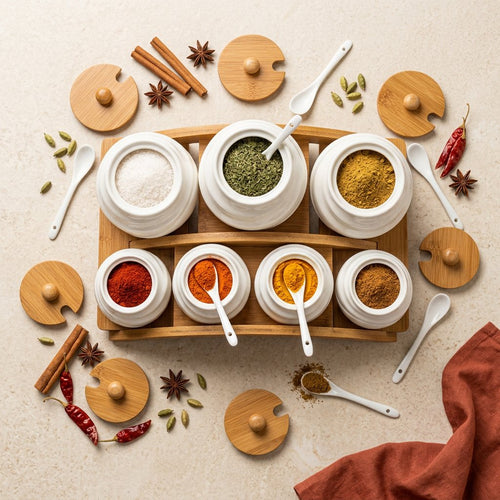 7-Piece Swirl-Textured Spice Jar Set with Wooden Arch Stand
