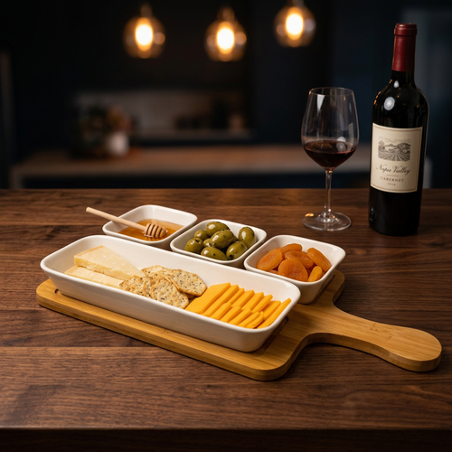 5 Piece Ceramic Bowl Set with Natural Bamboo Serving Board
