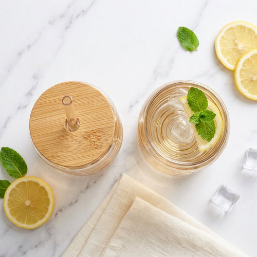 Elegant Glass Tumbler with Bamboo Lid & Glass Straw