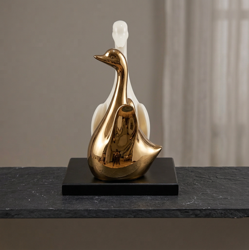 Graceful Swan Duo Sculpture in Ivory & Gold