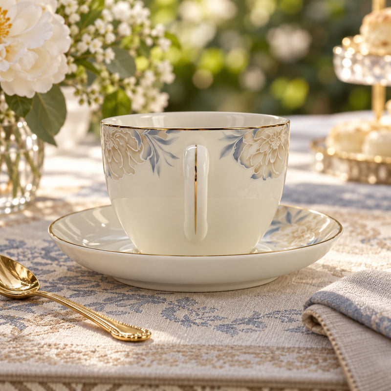 Golden Peony & Dusty Blue Fine Teacup & Saucer Set 12 Pcs
