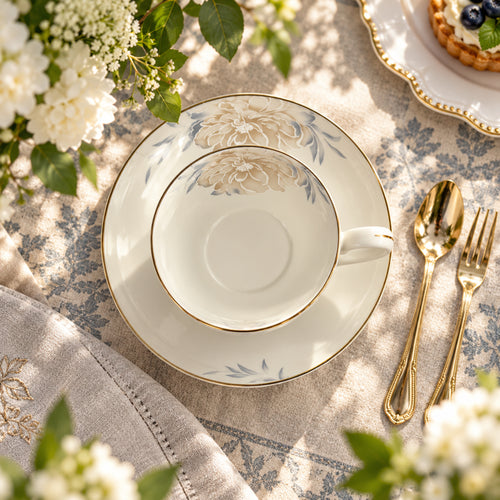 Golden Peony & Dusty Blue Fine Teacup & Saucer Set 12 Pcs