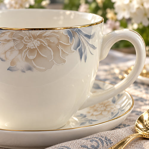 Golden Peony & Dusty Blue Fine Teacup & Saucer Set 12 Pcs