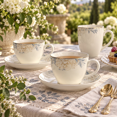 Golden Peony & Dusty Blue Fine Teacup & Saucer Set 12 Pcs