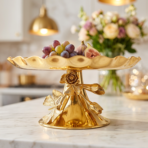 Gold Scalloped Pedestal Platter with Ginkgo Leaf Detail