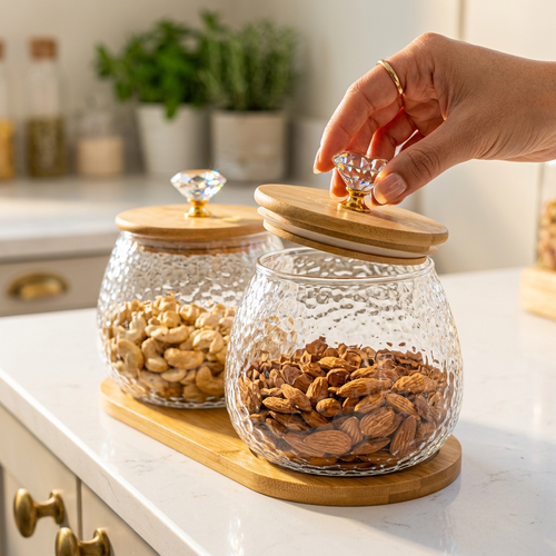 2 Piece Textured Glass Storage Jar Set with Tray 650 ml