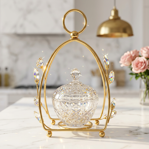 Crystal Glass Candy Bowl in Leaf Gold Cage