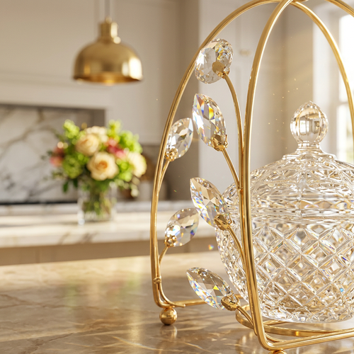 Crystal Glass Candy Jar in Gold Cage Frame
