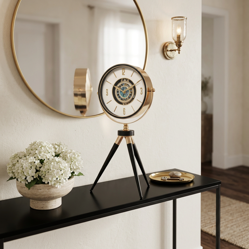 Mid Century Gold Tripod Desk Clock with Openwork Dial