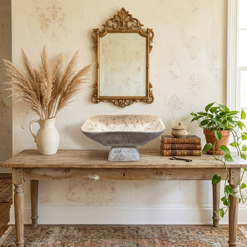 Elegant Travertine Square Pedestal Bowl