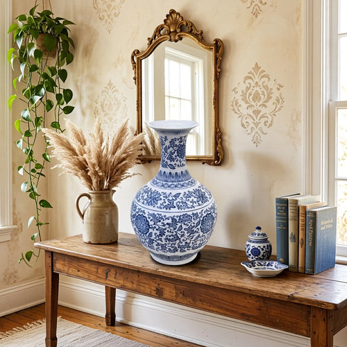 Classic Blue and White Floral Ceramic Vase