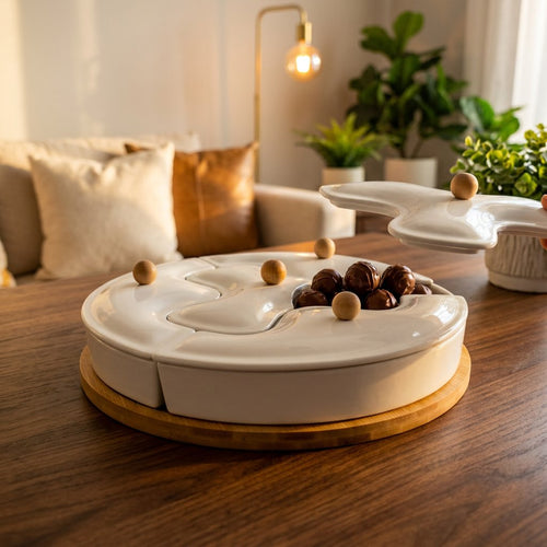 Elegant Covered Ceramic Serving Platter & Wooden Tray