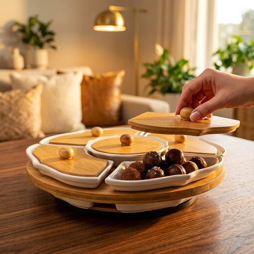 5 Piece Rotating Appetizer Set with Bamboo Lids & Tray