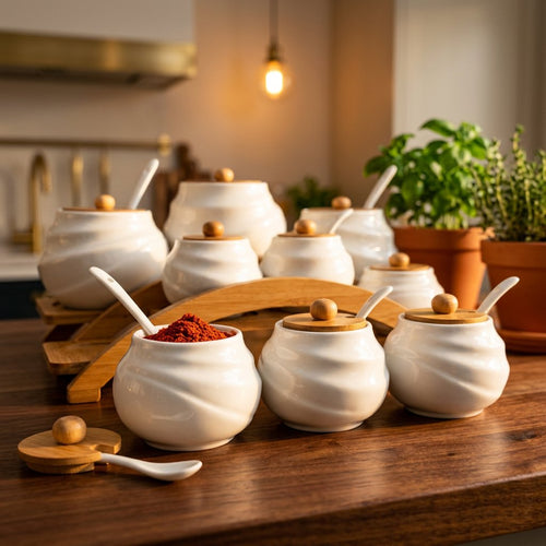 7-Piece Swirl-Textured Spice Jar Set with Wooden Arch Stand