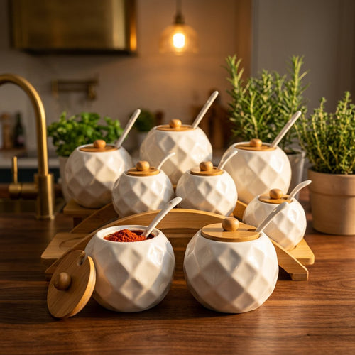 7-Piece Diamond-Textured Spice Jar Set with Wooden Arch Stand
