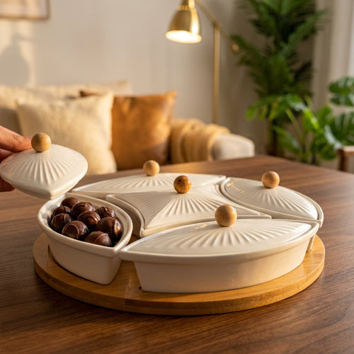 Elegant 5 Piece Covered Serving Set with Wooden Platter