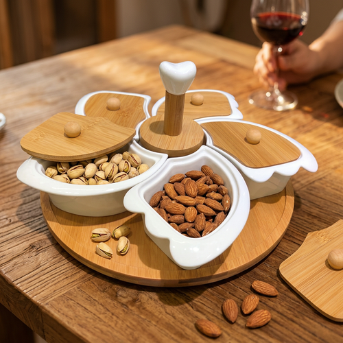 Elegant Flower Serving Set with Wooden Carrying Handle & Bamboo Tray