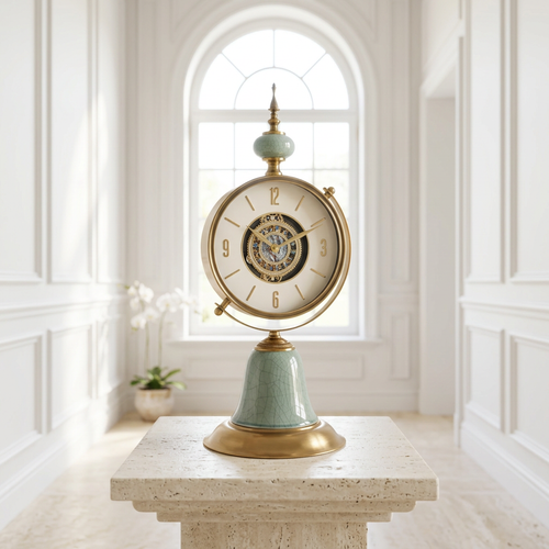 Antique Sage Crackle Table Clock with Spire Finial