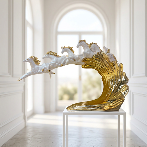 Seven Running Horses White & Gold Ceramic Statue