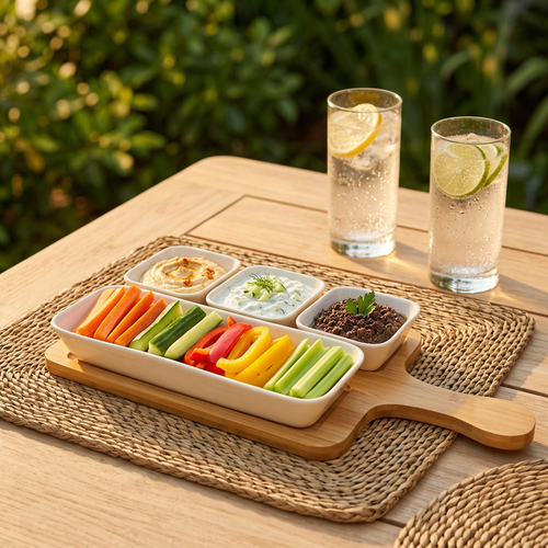 5 Piece Ceramic Bowl Set with Natural Bamboo Serving Board