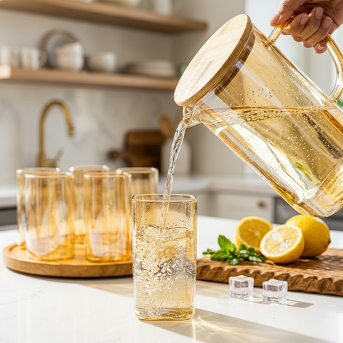 Amber Glass Pitcher Set with Revolving Wooden Tray 8 Piece