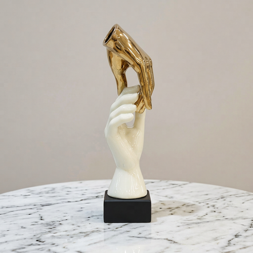 Vertical Touch Hands Sculpture in Ivory & Gold