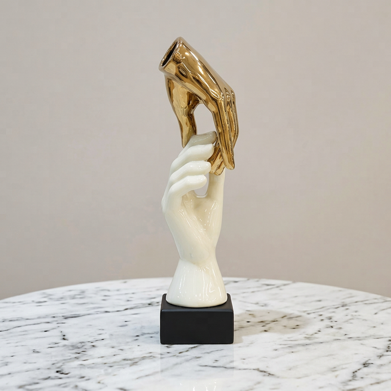 Vertical Touch Hands Sculpture in Ivory & Gold