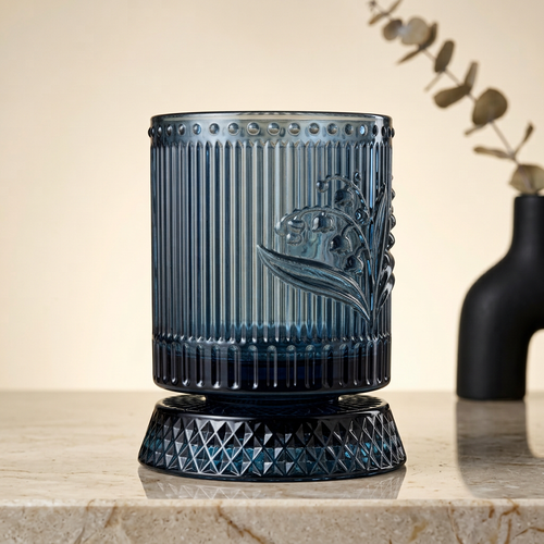 Luxury Blue Floral Embossed Rotating Glass (250 ML)