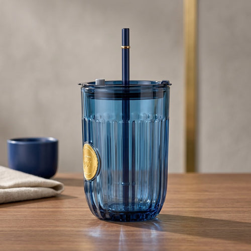 Modern Ribbed Blue Glass Tumbler with Straw (450 ML)