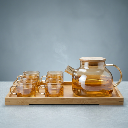 Borosilicate Kettle & Teacup Set with Wooden Tray 8 Piece Set