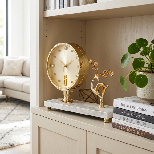 Gold Table Clock & Deer Figurine on Marble Base