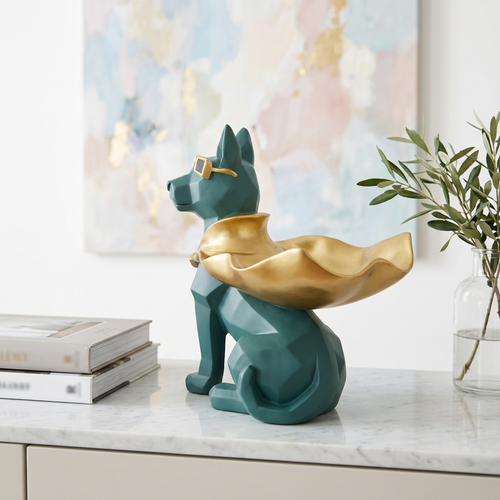 Modern Superhero Dog Statue with Gold Sunglasses & Cape