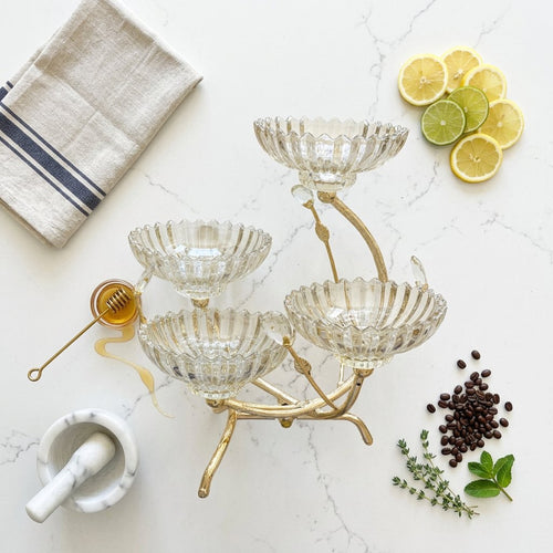 4 Tier Cascading Glass Serving Stand with Gold Metal Base