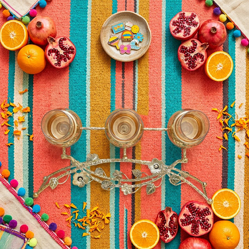 Gold Blossom Amber Glass 3 Piece Candle Holder
