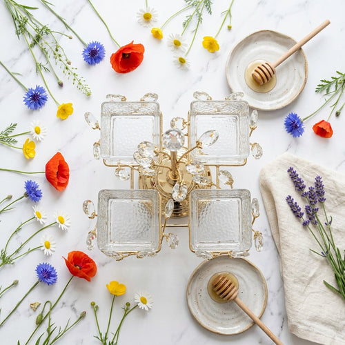 4 Bowl Gold & Crystal Botanical Serving Caddy