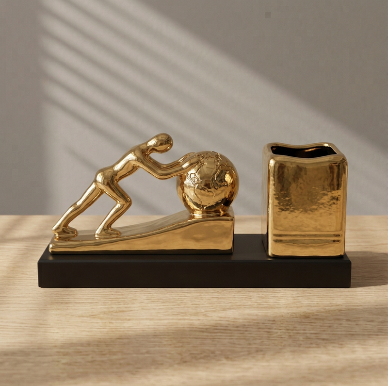 Luxury Gold Figure & Globe Pen Holder Desk Set