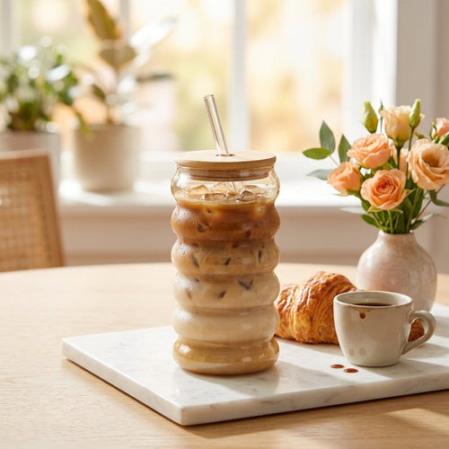 Elegant Glass Tumbler with Bamboo Lid & Glass Straw