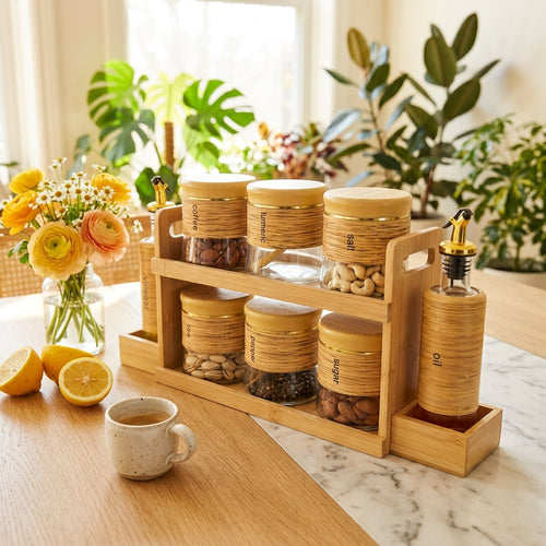 Wooden Glass Spice Jar Set with Rack 9 Piece