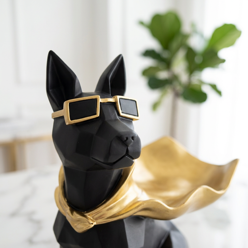 Modern Superhero Dog Statue with Gold Sunglasses & Cape