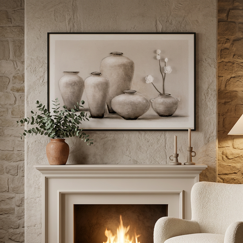 Rustic Earth Tone Vase & Floral Relief Framed Canvas Art