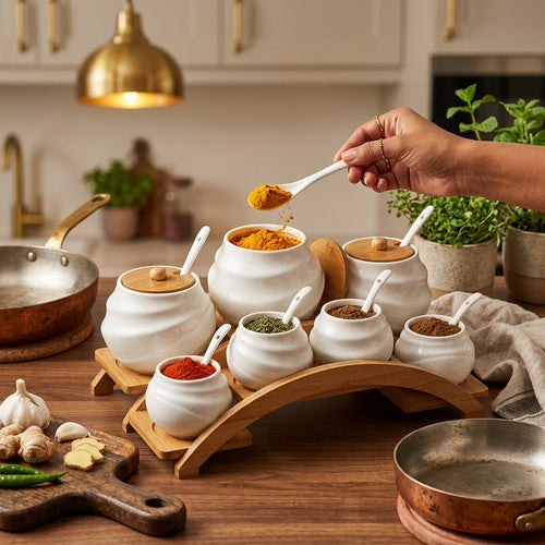 7-Piece Swirl-Textured Spice Jar Set with Wooden Arch Stand