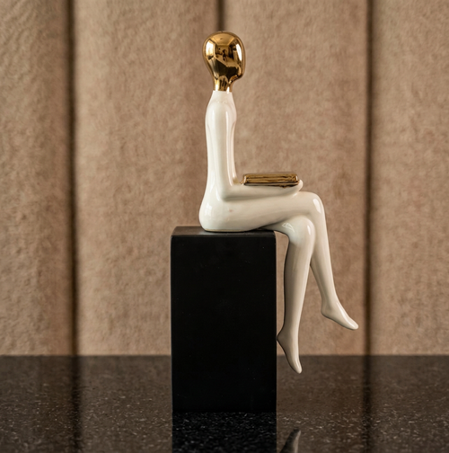 Seated Reader Sculpture in Ivory & Gold