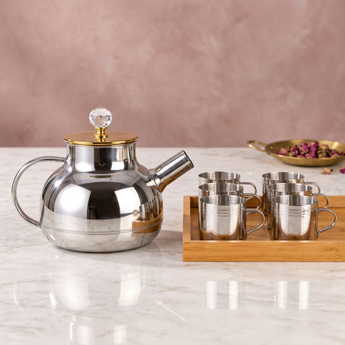 Modern Glass Mirror Finish Teapot and Cups Set with Tray  8 pcs