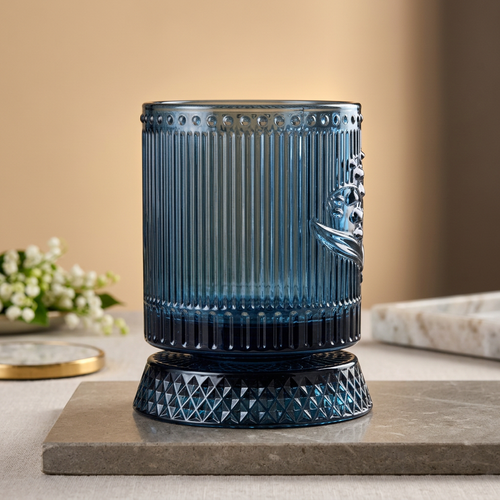 Luxury Blue Floral Embossed Rotating Glass (250 ML)