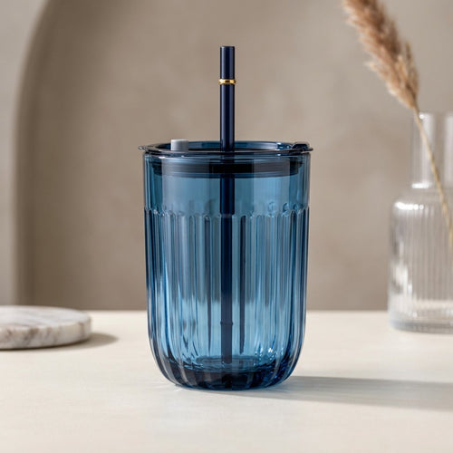 Modern Ribbed Blue Glass Tumbler with Straw (450 ML)