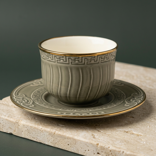 Fluted Charcoal Grey Cup & Saucer Set of 12