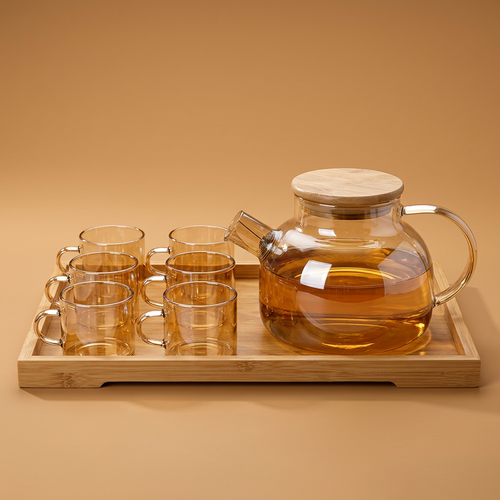 Borosilicate Kettle & Teacup Set with Wooden Tray 8 Piece Set