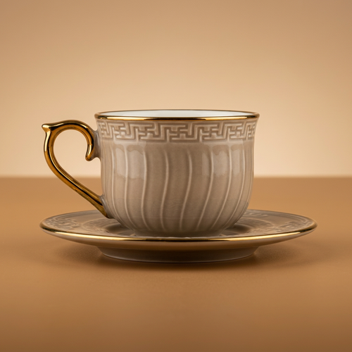 Fluted Greige Cup & Saucer Set of 12