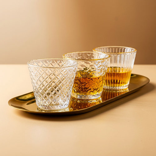 Textured Crystal Glass Cawa Tea Cups with Gold Rims Set of 6